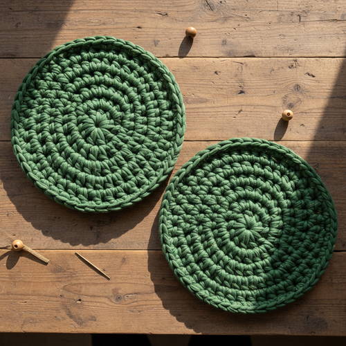 Kit Cuidado à Mesa - 2 jogos americanos redondos em crochê verde musgo com detalhes dourados
